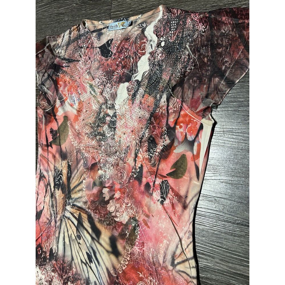 Unity World Women's Moody‎ Fairy Grunge Size M Floral Cap Sleeve Rhinestone Y2K - Picture 2 of 9